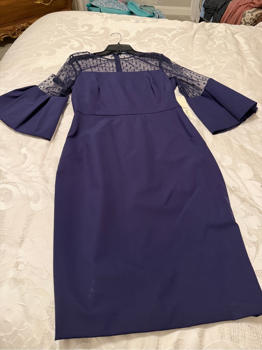 Eliza J Navy Midi Sheath Dress with Lace Yoke and Bell Sleeves